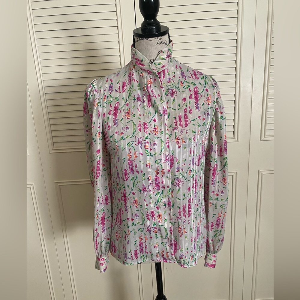 Bethany vintage 70s floral long sleeves mock high neck button semi sheer blouse